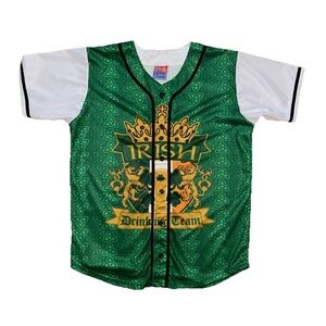 Ireland Irish USA Drinking Team Baseball Jersey Green Button Up Large